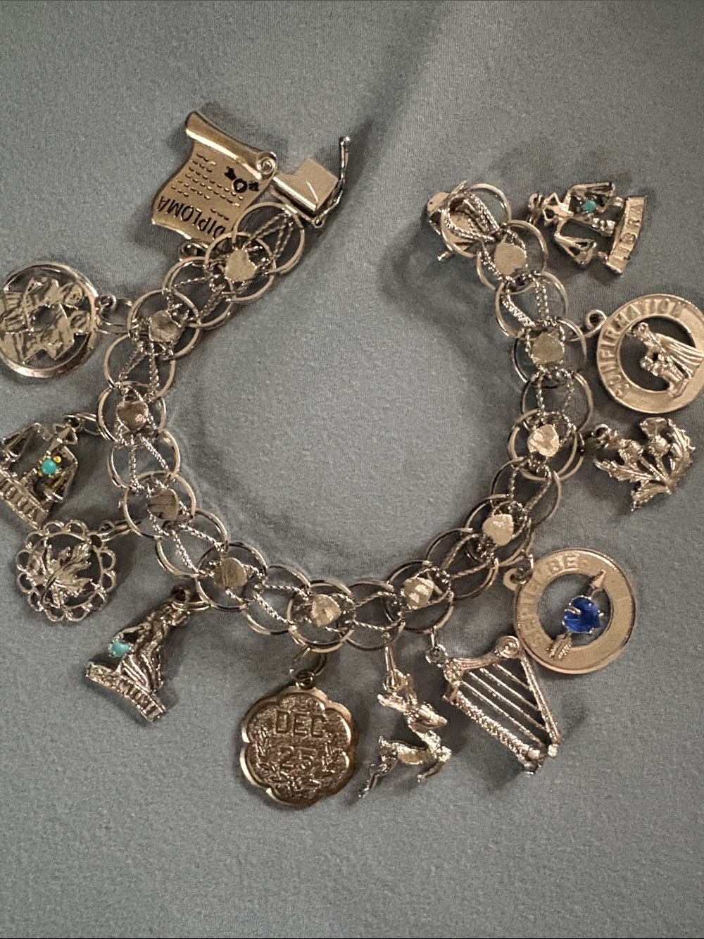 Vintage Silver Charm Bracelet with Blue Accents - Women Jewelry - Picture 2 of 2